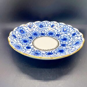 Vtg Lomonosov USSR Winding Twig Bindweed Blue Gold Cake Plate Bowl Serving Dish